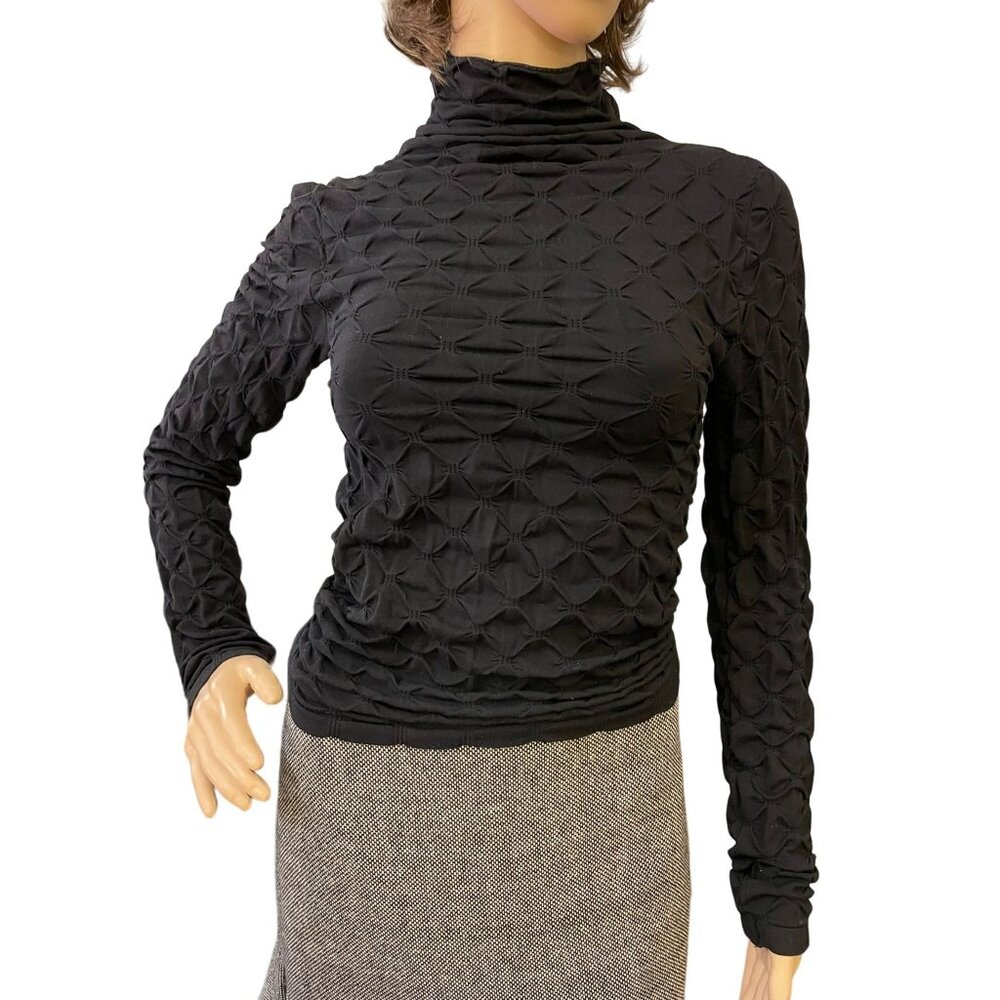 Black Honeycomb Textured Long Sleeve Turtleneck Top Womens XS